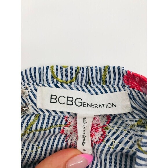 BCBGeneration Blue White Pinstripe Floral Embroidered High Neck Ruffle Top Small - Picture 6 of 12